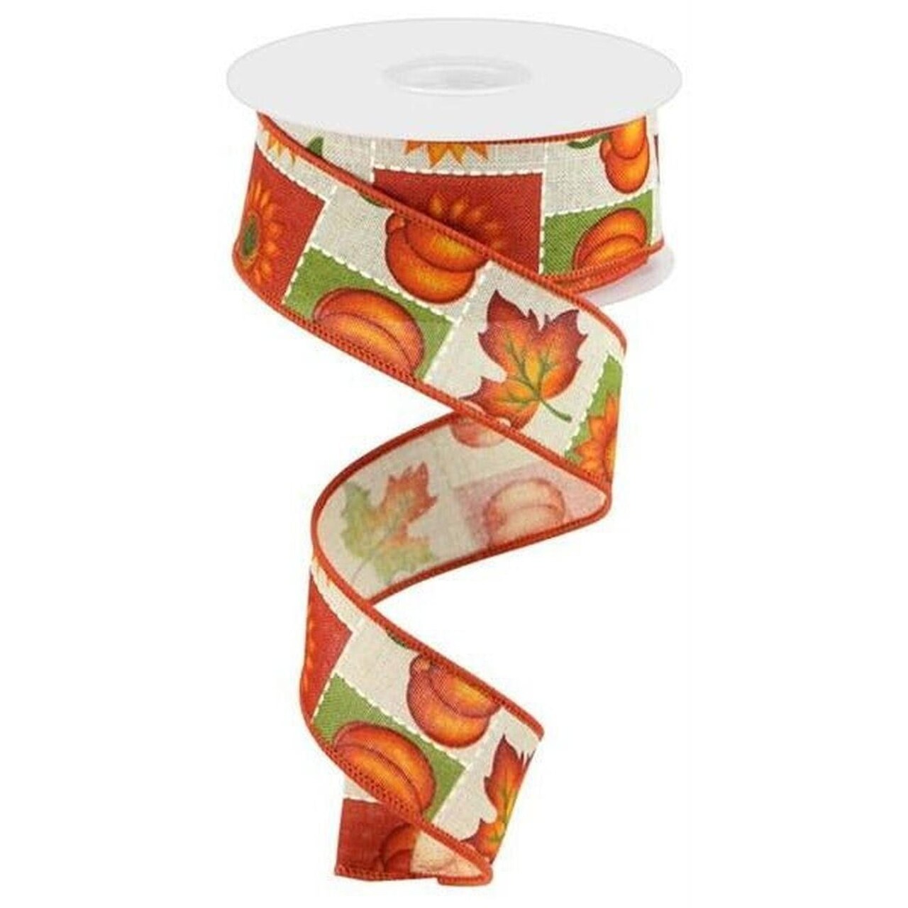 1.5" Pumpkin Sunflower and Maple Leaf Ribbon: Lt Natural (10 Yards)